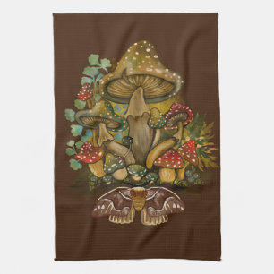 Retro kleuren Mushroom & Moth Art Theedoek