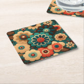  retro-kleurige bloemen kartonnen onderzetters (Schuin)
