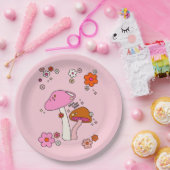 Retro-kleurige paddenstoelen en bloemen roze papieren bordje (Feest)