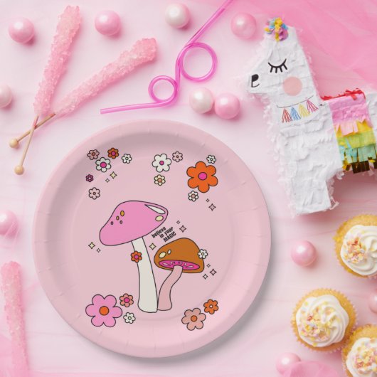 Retro-kleurige paddenstoelen en bloemen roze papieren bordje (Feest)
