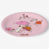 Retro-kleurige paddenstoelen en bloemen roze papieren bordje (Gekanteld)