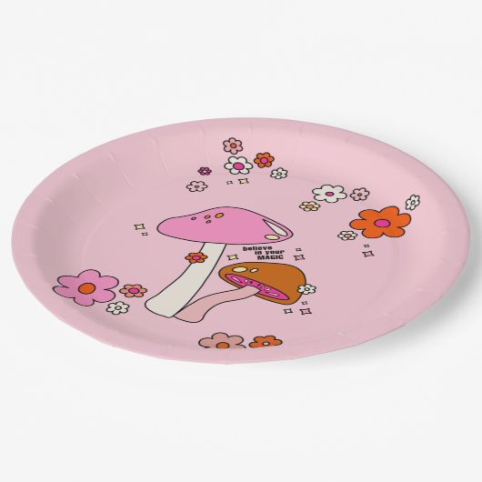 Retro-kleurige paddenstoelen en bloemen roze papieren bordje (Gekanteld)