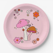 Retro-kleurige paddenstoelen en bloemen roze papieren bordje (Voorkant)