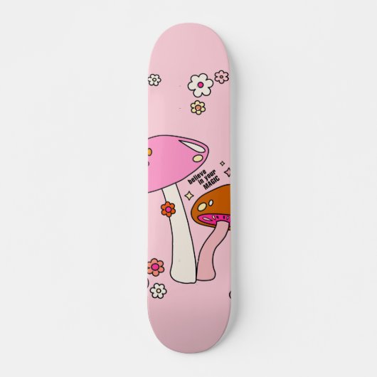 Retro-kleurige paddenstoelen en bloemen roze persoonlijk skateboard (Voorkant)