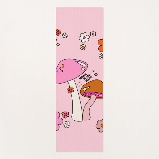 Retro-kleurige paddenstoelen en bloemen roze yogamat (Voorkant)