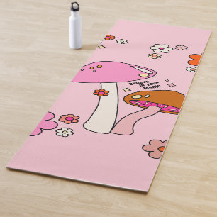 Retro-kleurige paddenstoelen en bloemen roze yogamat