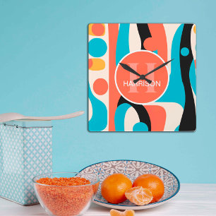 Retro Kleurrijk Abstract Patroon met Monogram Vierkante Klok