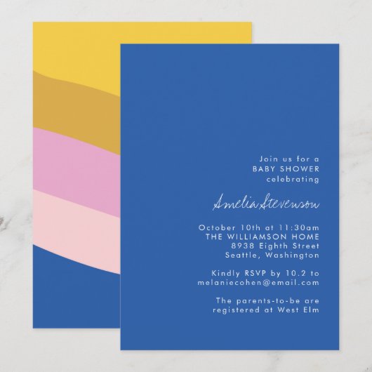 Retro Kleurrijk Blauw Geel Modern Baby shower Kaart (Voorkant / Achterkant)