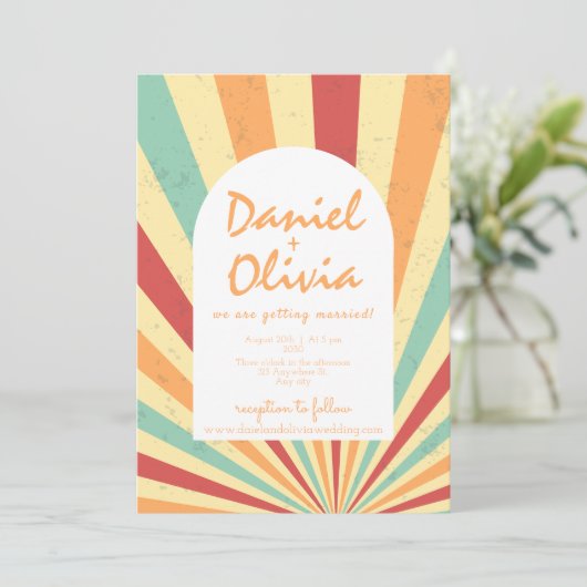 Retro Kleurrijk Met QR Huwelijksuitnodiging Kaart (Staand voorkant)