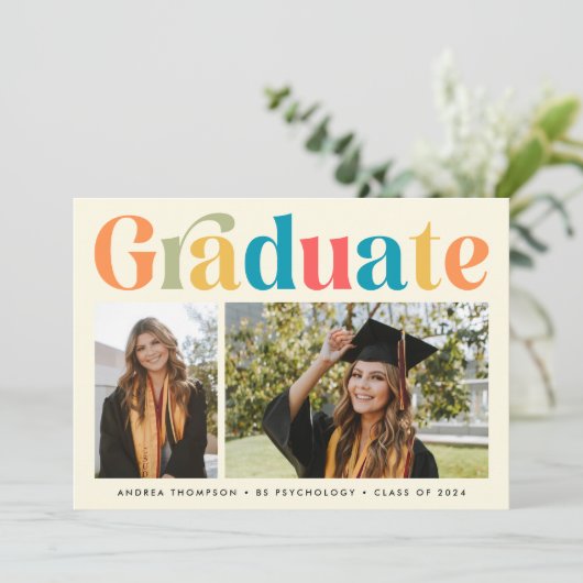 Retro Kleurrijke Afstuderen twee foto Afstuderen Aankondiging (Staand voorkant)