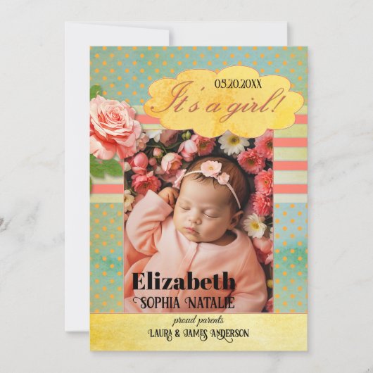 Retro Kleurrijke Baby Meisje Geboorte Aankondiging (Voorkant)