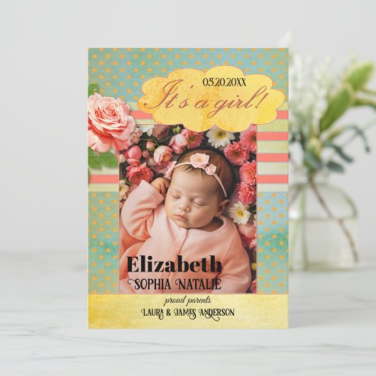 Retro Kleurrijke Baby Meisje Geboorte Aankondiging (Staand voorkant)