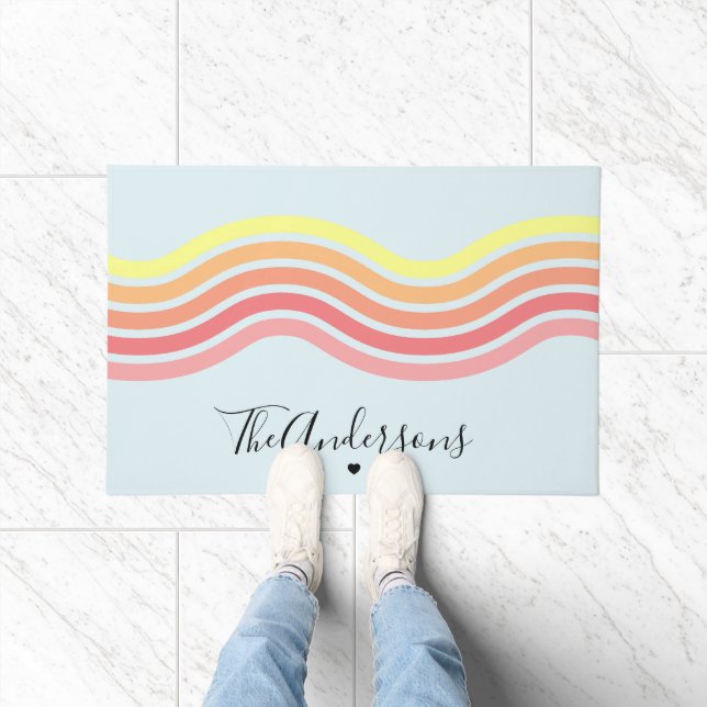 Retro Kleurrijke Blauwe Groovy Lines Beach Sunrise Deurmat (Binnen)