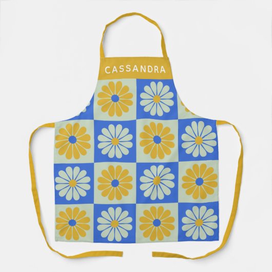 Retro Kleurrijke Bloemen Blauw Geel Gepersonalisee Schort (Voorkant)