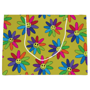 Retro kleurrijke bloemen met gelukkige gezichten p groot cadeauzakje