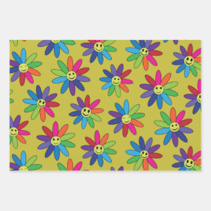 Retro kleurrijke bloemen met gelukkige gezichten p inpakpapier vel