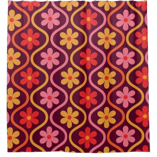 Retro Kleurrijke Bloemen op Ogee Pattern Douchegordijn (Voorkant)
