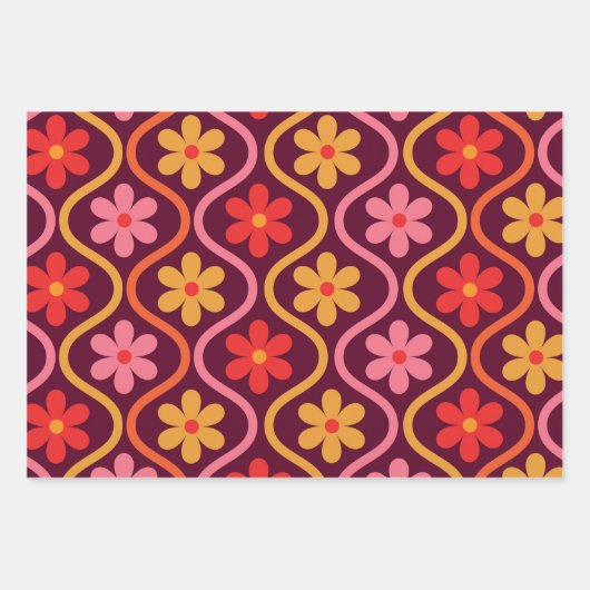 Retro Kleurrijke Bloemen op  Ogee Pattern Inpakpapier Vel (Voorkant 3)
