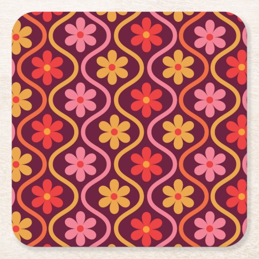 Retro Kleurrijke Bloemen op Ogee Pattern Kartonnen Onderzetters (Voorkant)