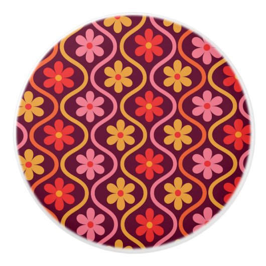 Retro Kleurrijke Bloemen op Ogee Pattern Keramische Knop (Voorkant)