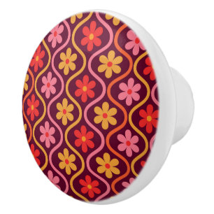 Retro Kleurrijke Bloemen op Ogee Pattern Keramische Knop
