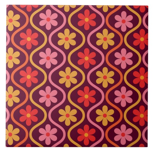 Retro Kleurrijke Bloemen op Ogee Pattern Tegeltje (Voorkant)