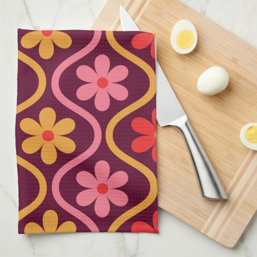 Retro Kleurrijke Bloemen op  Ogee Pattern Theedoek (Quarter Fold)