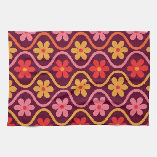 Retro Kleurrijke Bloemen op  Ogee Pattern Theedoek (Horizontaal)