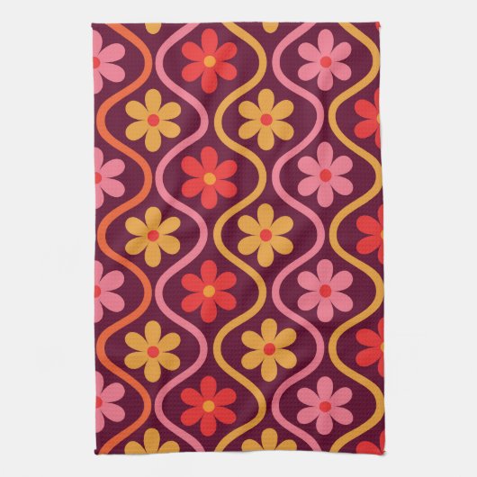 Retro Kleurrijke Bloemen op  Ogee Pattern Theedoek (Verticaal)