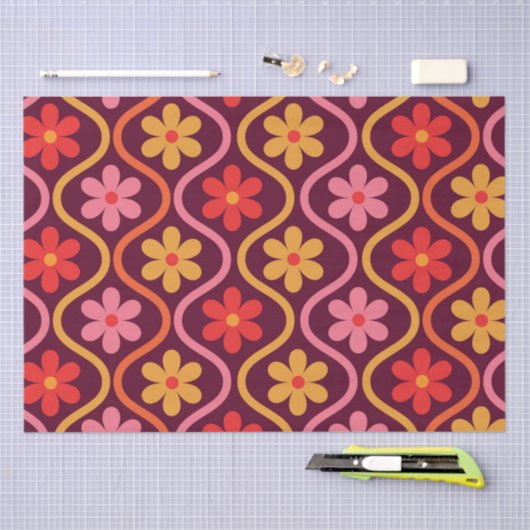 Retro Kleurrijke Bloemen op Ogee Pattern Tissuepapier (Craft)