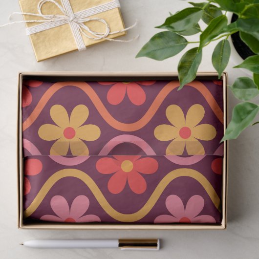 Retro Kleurrijke Bloemen op  Ogee Pattern Tissuepapier (Geschenk)