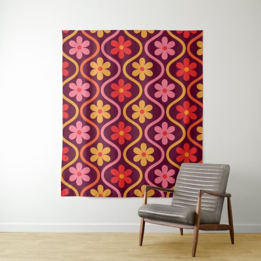 Retro Kleurrijke Bloemen op  Ogee Pattern Wandkleed (In situ)