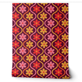 Retro Kleurrijke Bloemen op Vintage Ogee Patroon Behang