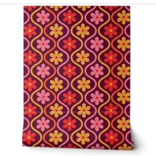 Retro Kleurrijke Bloemen op Vintage Ogee Patroon Behang