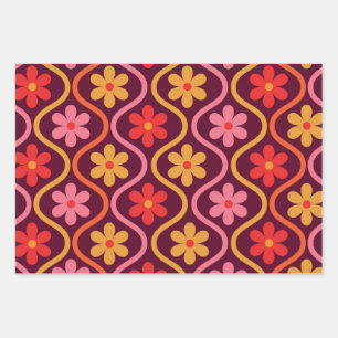 Retro Kleurrijke Bloemen op Vintage Ogee Patroon Inpakpapier Vel