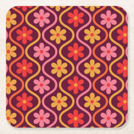 Retro Kleurrijke Bloemen op Vintage Ogee Patroon Kartonnen Onderzetters