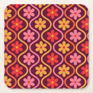 Retro Kleurrijke Bloemen op Vintage Ogee Patroon Kartonnen Onderzetters