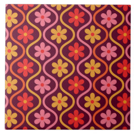 Retro Kleurrijke Bloemen op Vintage Ogee Patroon Tegeltje