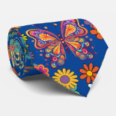 Retro kleurrijke bloemen patroon. Blauw BG Stropdas (Opgerold)