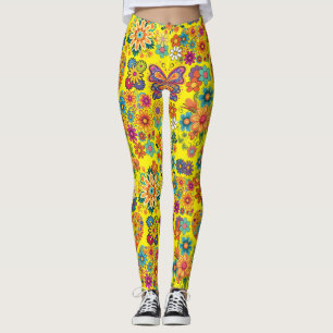 Retro kleurrijke bloemen patroon. Heldergeel BG Leggings