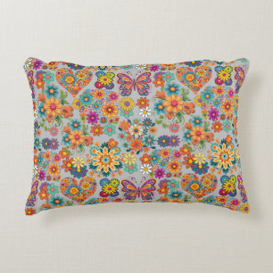 Retro kleurrijke bloemen patroon. L Grey BG Accent Kussen
