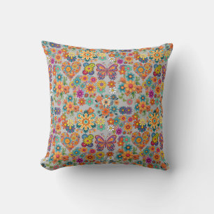 Retro kleurrijke bloemen patroon. L Grey BG Kussen