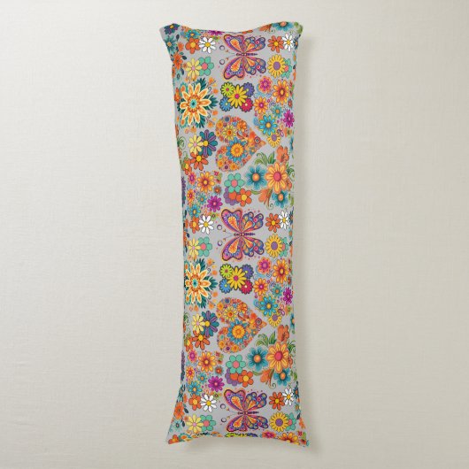 Retro kleurrijke bloemen patroon. L Grey BG Lichaamskussen (Voorkant Verticaal)