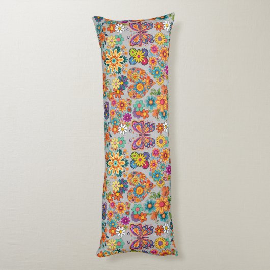 Retro kleurrijke bloemen patroon. L Grey BG Lichaamskussen (Achterkant (Verticaal))