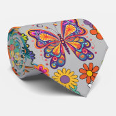 Retro kleurrijke bloemen patroon. L Grey BG Stropdas (Opgerold)