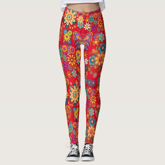 Retro kleurrijke bloemen patroon. Rood BG Leggings (Voorkant)