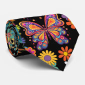 Retro kleurrijke bloemen patroon. Zwart BG Stropdas (Opgerold)