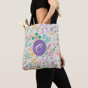 Retro kleurrijke bloemenmonogram all-over Canvas t Tote Bag