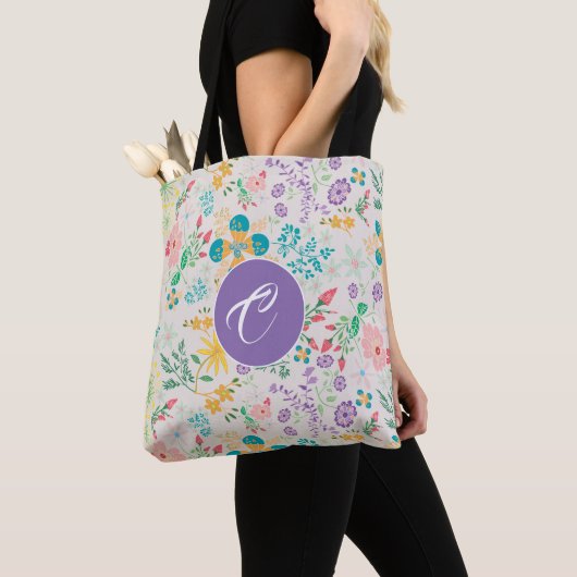 Retro kleurrijke bloemenmonogram all-over Canvas t Tote Bag (Dichtbij)