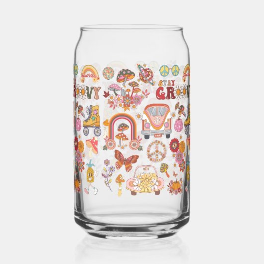 Retro kleurrijke boho bloemen groovy bloemenontwer blikvorm glas (Achterkant)